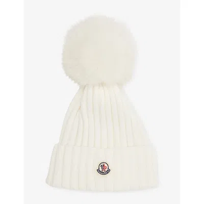 Moncler Womens Natural Logo-patch Ribbed-knit Beanie Hat In White