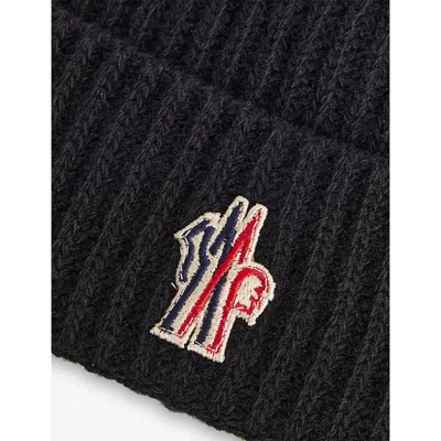 Moncler Black Branded Knitted Wool Beanie Hat In Blue