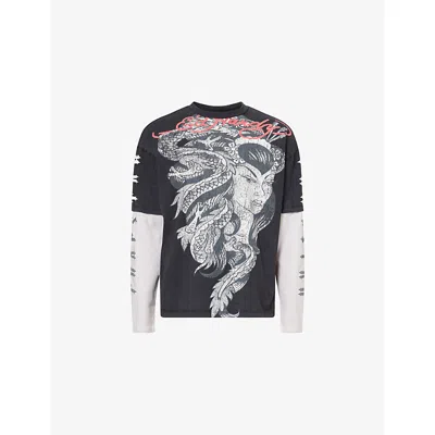 Trapstar Mens Black Camo  X Ed Hardy Medusa Long-sleeves Cotton-jersey T-shirt In Black