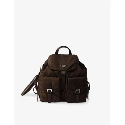 Prada Bordeaux Re-nylon Backpack With Golden Hardware In Brown
