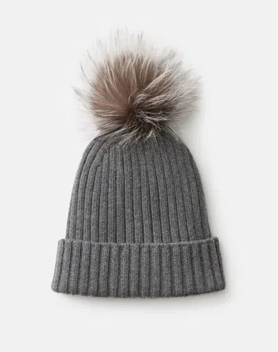 Lafayette 148 Cashmere Fox Pom Ribbed Beanie In Gray