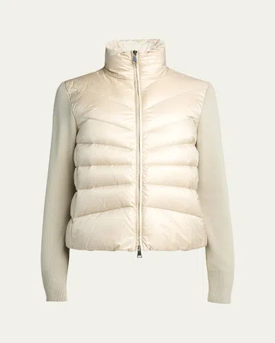 Moncler Quilted High Neck Two-material Cardigan With Feather Padding In Neutral
