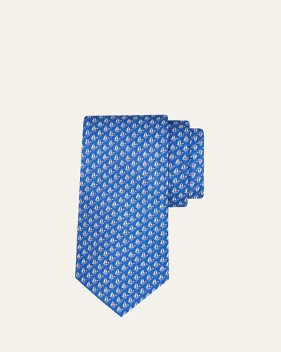 Ferragamo Men's Sailboat-print Silk And Wool Tie In Blue