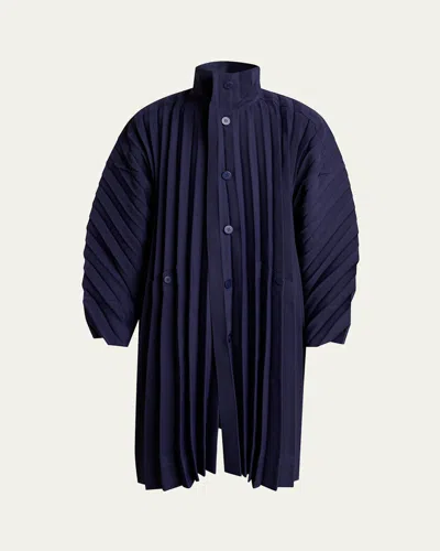 Issey Miyake Men's Navy Edge Pleated Overcoat In Blue