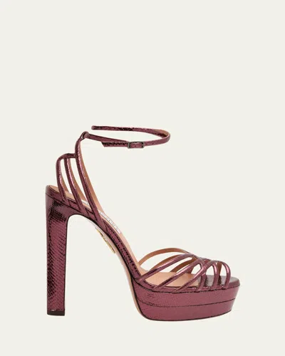 Aquazzura 130mm Wild Dream Snake-embossed Metallic Leather Platform Sandals In Burgundy