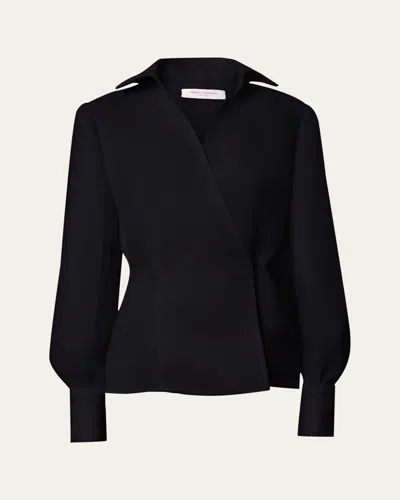 Carolina Herrera Silk Puff Sleeve Collared Wrap Top In Black