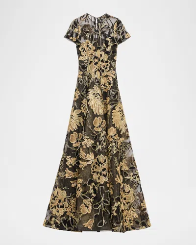 Naeem Khan Metallic Embroidered Short-sleeve A-line Gown In Multi