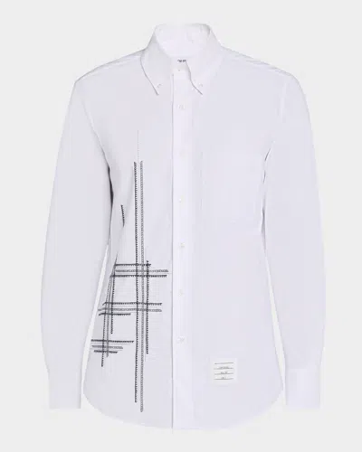 Thom Browne Men's Embroidered Plaid Button-collar Sport Shirt In White