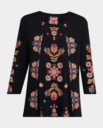 Johnny Was Floral-embroidered Cotton Swing T-shirt In Black