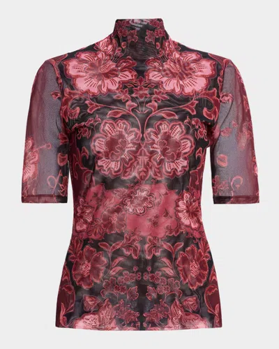 Johnny Was Turtleneck Floral-print Mesh Top In Multi