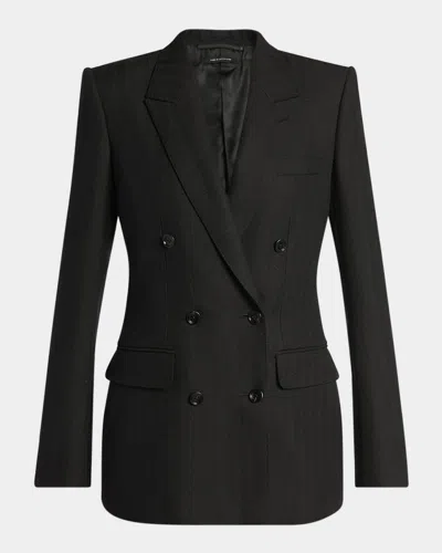 Tom Ford Sharp Herringbone Double Breasted Virgin Wool Jacket In Black