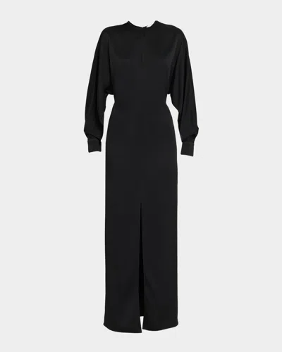 Michael Kors Slit Long-sleeve Satin Gown In Black