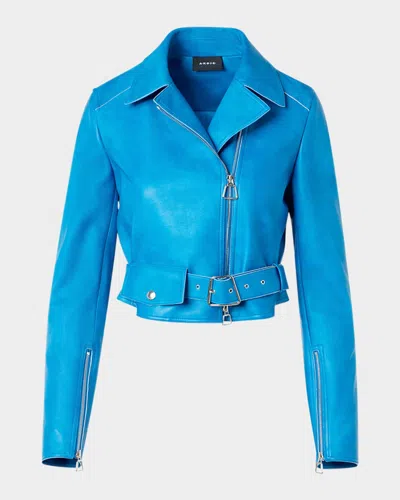 Akris Avril Lambskin Leather Biker Jacket In Blue