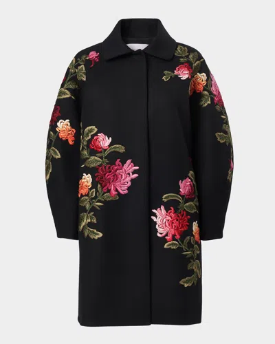Carolina Herrera Chrysanthemum Embroidered Double Face Virgin Wool Cocoon Coat In Multi