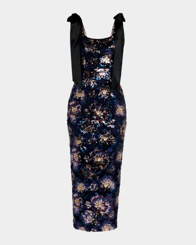 Milly Kyle Satin Bow Sequin Column Midi Dress In Multi