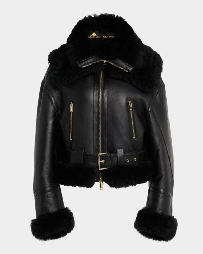 Moose Knuckles Mtd Leather Biker Jacket With Shearling Trim In Black