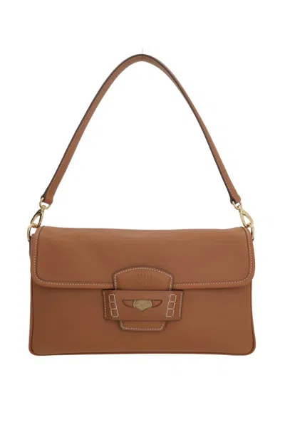 Miu Miu Leather Penny Shoulder Bag With Adjustable Strap In Brown