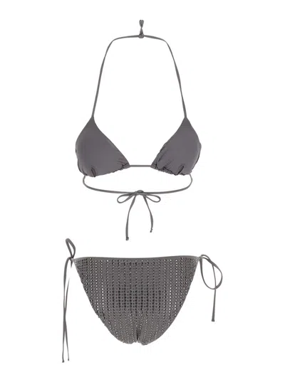 Venuja Grey Bikini With Triangle Design And All-over Stud Decorations In Tech Fabric Womsn In Gray