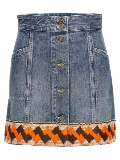 Valentino Medium Blue Denim Skirt With Geometric Trim In Multi