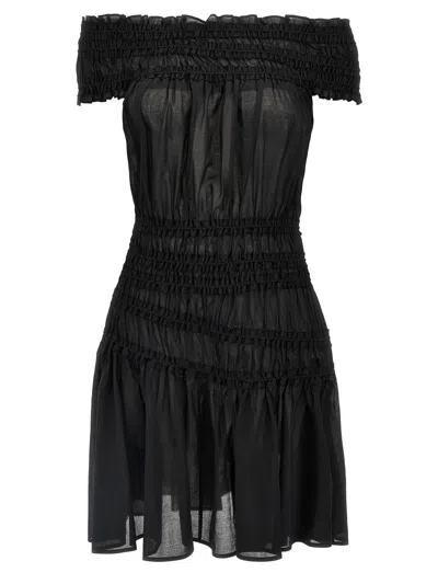 Tory Burch Smocked Cotton Dress Off-shoulder Design In Black