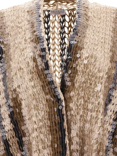 Brunello Cucinelli Open-knit Brown Knitwear With Fringe Detailing In Gold