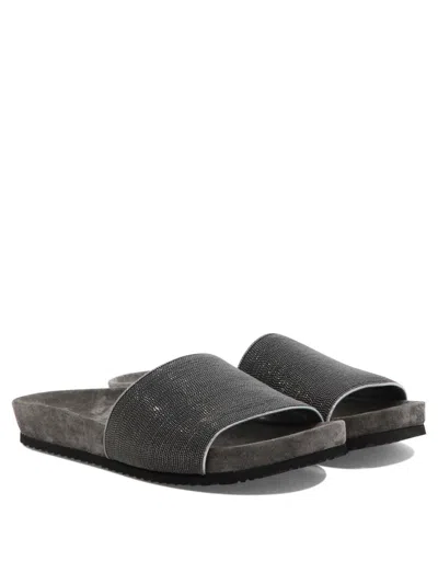 Brunello Cucinelli Leather Slippers In Gray