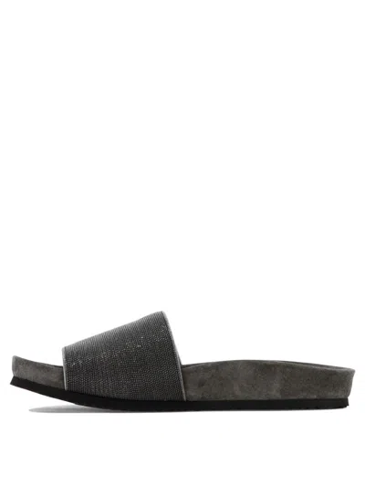 Brunello Cucinelli Leather Slippers In Gray