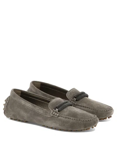Brunello Cucinelli Buckle Loafers With Studded Sole And Suede Upper In Gray