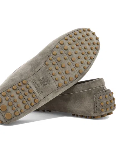Brunello Cucinelli Buckle Loafers With Studded Sole And Suede Upper In Gray