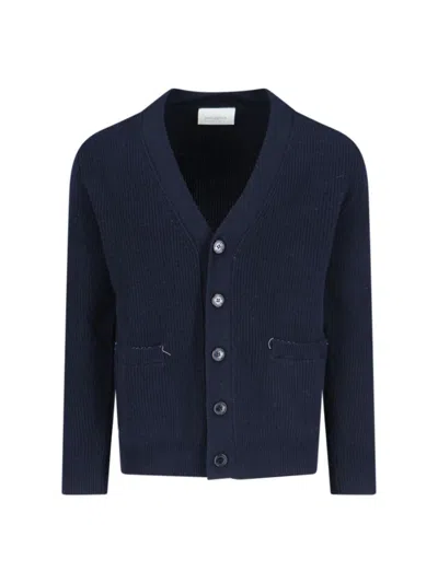 Ballantyne Navy Blue Ribbed Knit Cardigan With V-neckline In Blue