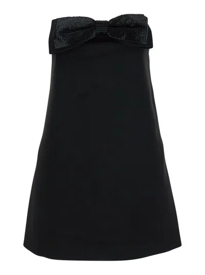 Self-portrait Black Sleeveless Mini Dress With Bandeau And Beaded Oversize Bow In Tech Fabric Woman In Black