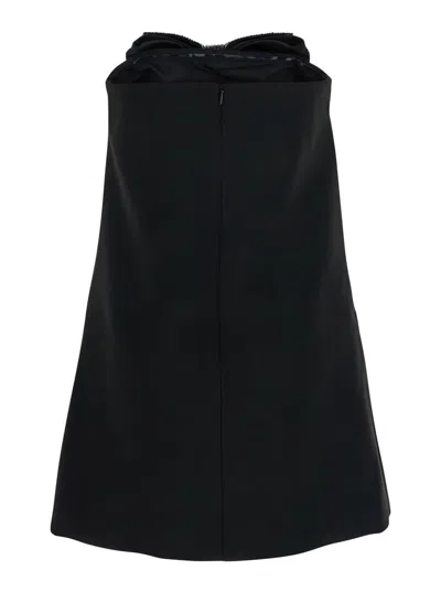 Self-portrait Black Sleeveless Mini Dress With Bandeau And Beaded Oversize Bow In Tech Fabric Woman In Black