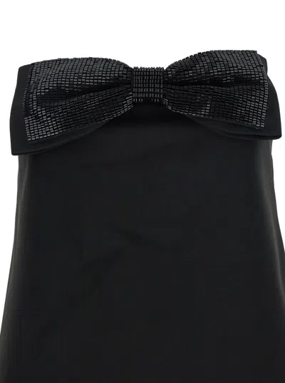 Self-portrait Black Sleeveless Mini Dress With Bandeau And Beaded Oversize Bow In Tech Fabric Woman In Black