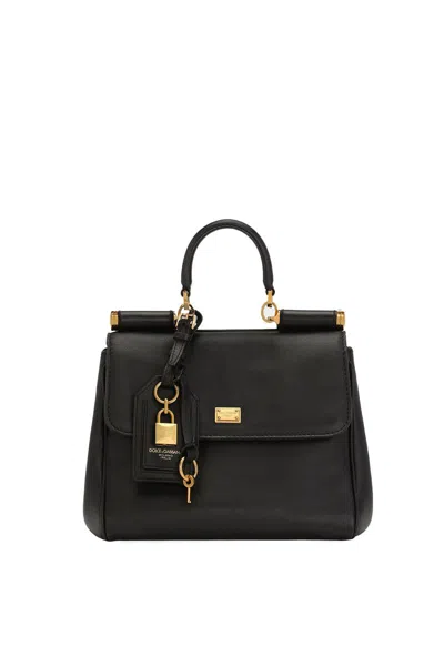 Dolce & Gabbana My Sicily Medium Leather Handbag With Padlock In Black