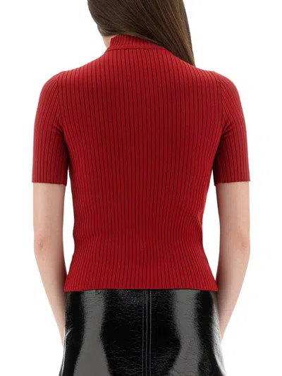 Courrèges Mock-neck Short-sleeve Rib Pullover In Red