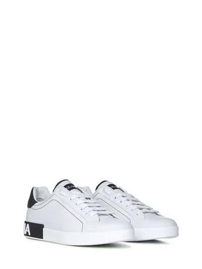 Dolce & Gabbana Portofino White Low Top Sneakers With Patch Logo And Red Stitching In Smooth Leather Man