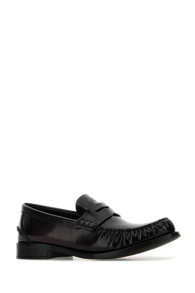Prada Leather Loafers With Penny Strap And Round Toe In Brown