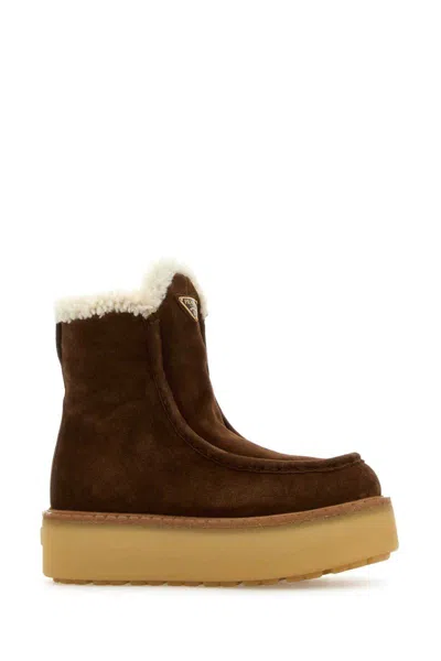 Prada Suede Shearling Platform Boots In Brown
