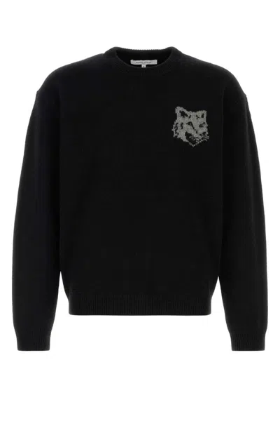 Maison Kitsuné Crew Neck Sweater With Large Fox Embroidery Black In Black