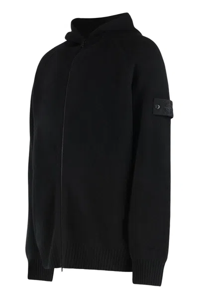 Stone Island Black Sweater With Hood And Logo Patch On The Sleeve In Cashmere Man In Black