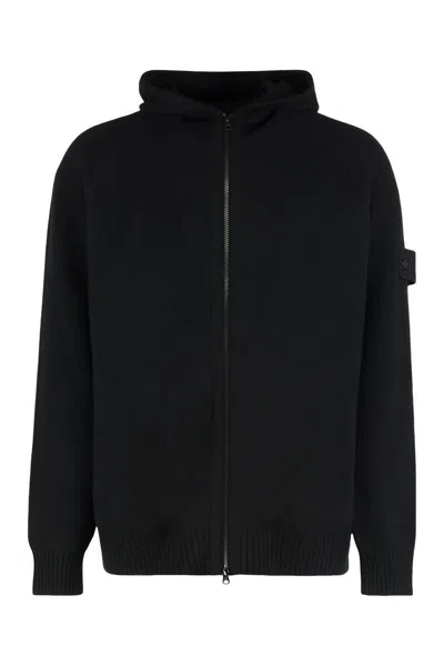 Stone Island Black Sweater With Hood And Logo Patch On The Sleeve In Cashmere Man In Black