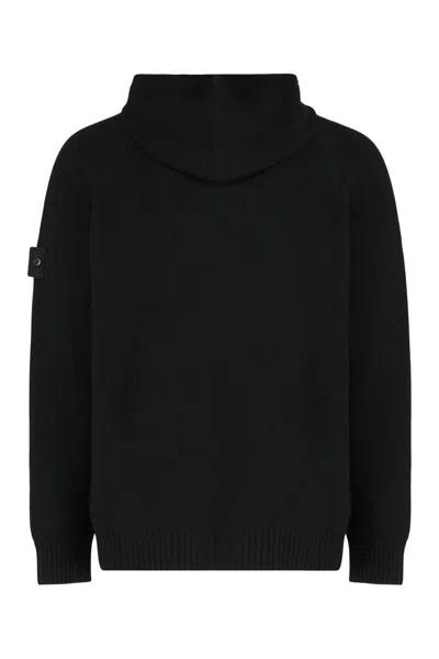 Stone Island Black Sweater With Hood And Logo Patch On The Sleeve In Cashmere Man In Black