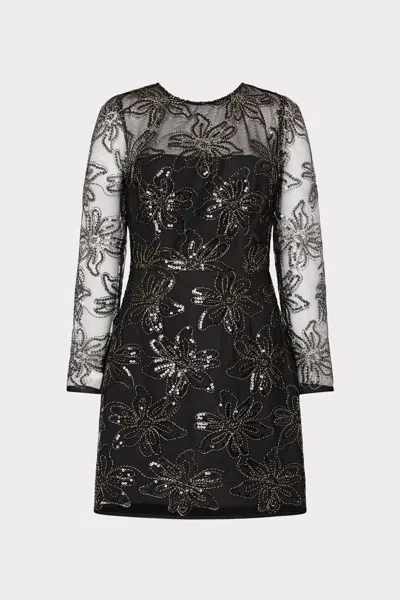 Milly Adele Embroidered Mesh Long Sleeve Mini Dress In Black
