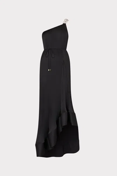 Milly Mariah One-shoulder Pleated Satin Maxi Dress In Black
