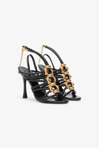Roberto Cavalli Black Braided Jewelled Cage Sandal In Black