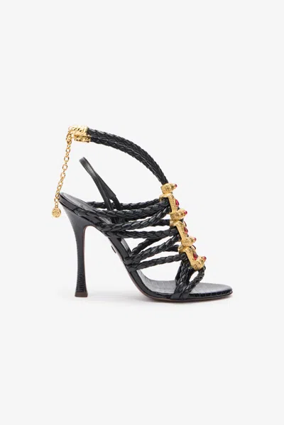 Roberto Cavalli Black Braided Jewelled Cage Sandal In Black