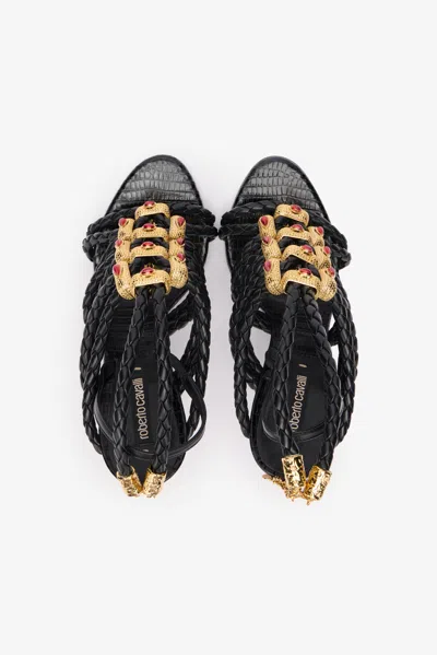 Roberto Cavalli Black Braided Jewelled Cage Sandal In Black