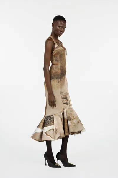 Roberto Cavalli Beige Mermaid Dress With Marble Print In Brown