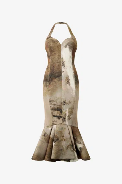 Roberto Cavalli Beige Mermaid Dress With Marble Print In Brown