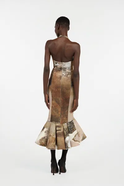 Roberto Cavalli Beige Mermaid Dress With Marble Print In Brown
